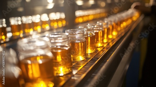 A row of jars filled with honey. The jars are lined up on a conveyor belt. The jars are all the same size and shape