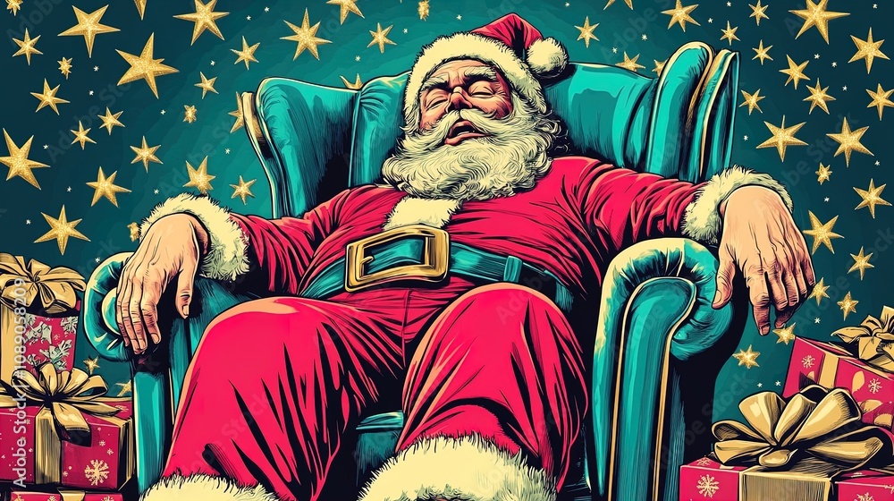 Fototapeta premium Cozy Christmas Dream: Tired Santa Claus Dozing in a Plush Chair Surrounded by Presents and Stars – Perfect Poster for Festive Decor or Holiday Spirit in Any Space!