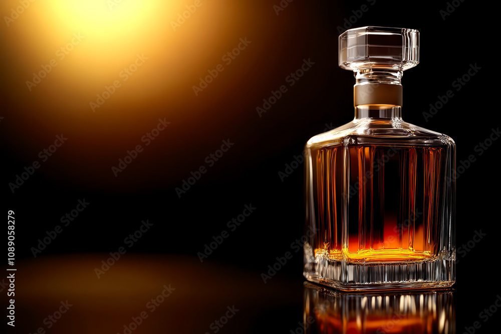 A luxurious glass decanter filled with amber liquid, illuminated by soft golden light, highlighting its elegant design and rich color against a dark background. A luxurious glass decanter filled with amber liquid, illuminated by soft golden light, highlighting its elegant design and rich color against a dark background.
