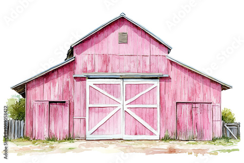Vibrant Pink Barn in Watercolor Style Illustration