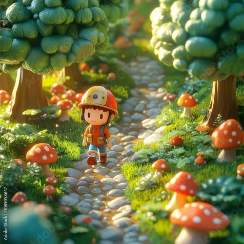 3D game scene with a cute character in a forest