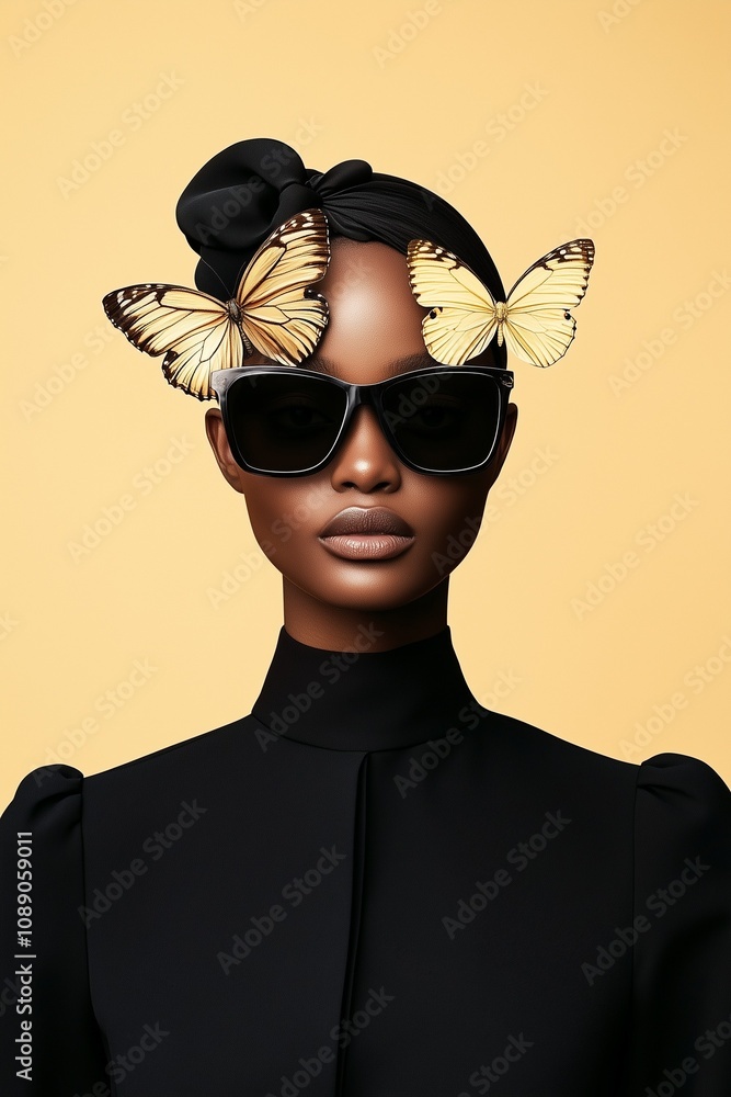 Portrait of a black, female model wearing dark sunglasses in a dark outfit and accessory on the head. Two large, yellow butterflies are standing above the sunglasses on a pastel orange background.