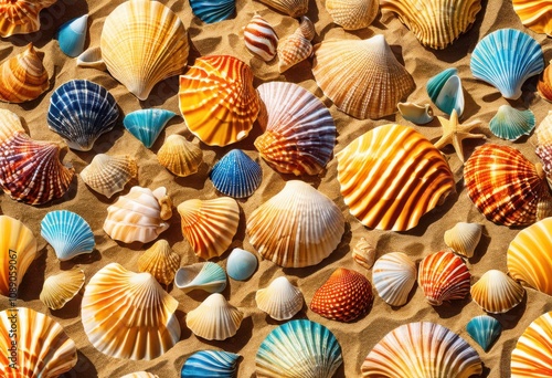 vibrant seashells stunningly displayed warm beach sand creating inviting colorful coastal scene, ocean, shoreline, summer, horizon, wave, nature, landscape