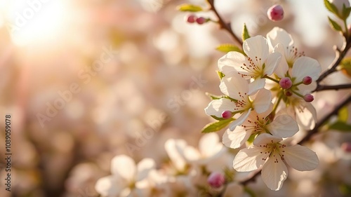 Apple blossoms in full bloom against a warm sunlit background, blooms, warm light