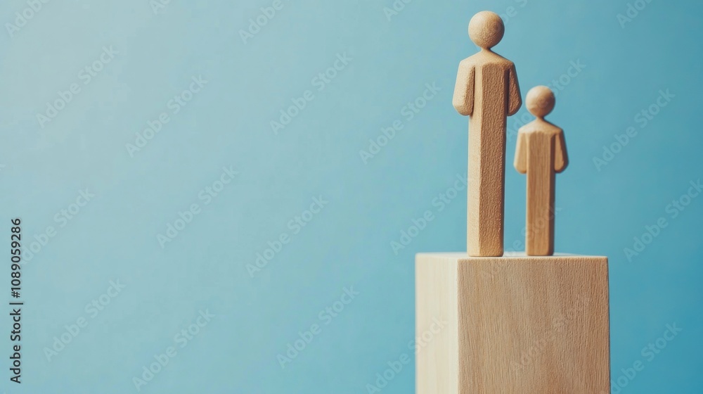Two wooden figures standing on top of a stack of wooden blocks. The blocks are stacked on top of each other Two wooden figures standing on top of a stack of wooden blocks. The blocks are stacked on top of each other
