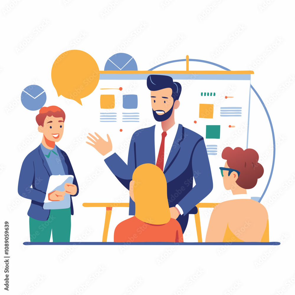 Business team engages in strategic presentation. Man in suit explains whiteboard with colorful notes to attentive colleagues in modern office setting.Concept: teamwork, corporate training, strategy Business team engages in strategic presentation. Man in suit explains whiteboard with colorful notes to attentive colleagues in modern office setting.Concept: teamwork, corporate training, strategy
