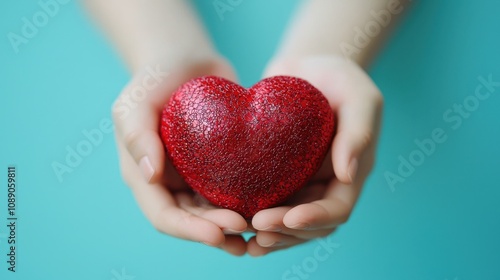 Wallpaper Mural A pair of hands holding a sparkling red heart against a turquoise background, symbolizing love and care. Torontodigital.ca