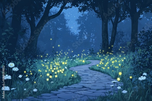 Watercolor  illustration lullaby theme, A serene nighttime forest path illuminated by glowing fireflies, surrounded by vibrant flowers and tall trees, creating a magical atmosphere.