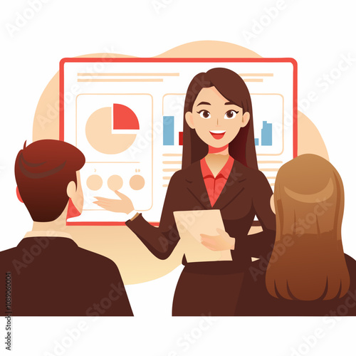 Engaging businesswoman presenting charts and graphs to attentive colleagues in a professional setting