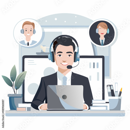 Customer support representative with a laptop and headset in a collaborative office environment
