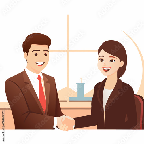 Smiling man and woman in business suits shaking hands in office, soft cartoon vector style. Concept: HR landing page, startup site, team collaboration promo, Business Day, Partnership Week.