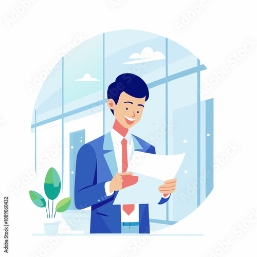 Man in blue blazer smiling while reviewing document in minimalist office. Professional standing by plant looking at paperwork with positive expression. Concept: business analyst, document review