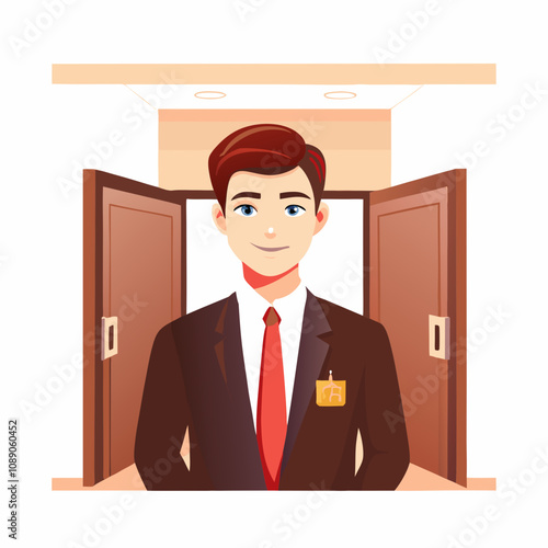 Hotel worker in suit standing in doorway with name tag. Professional service provider looking directly at camera with welcoming posture. Concept: hospitality industry, concierge service, hotel managem