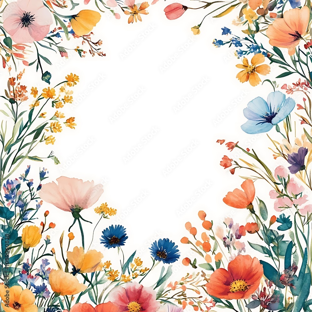 Fototapeta premium Watercolor Floral Border with White Background