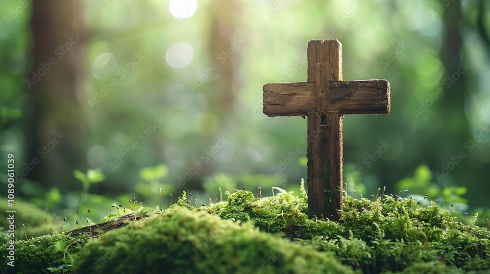 A wooden cross stands amidst lush green moss in a serene forest, symbolizing peace and spirituality. A wooden cross stands amidst lush green moss in a serene forest, symbolizing peace and spirituality.