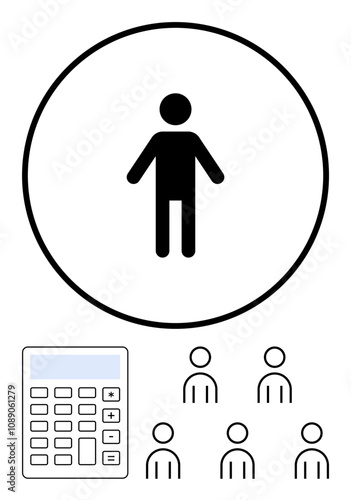 Central black figure inside circle calculator, and group of people below. Ideal for project management, finance, team planning, organization, calculations, leadership, collaboration. Line metaphor