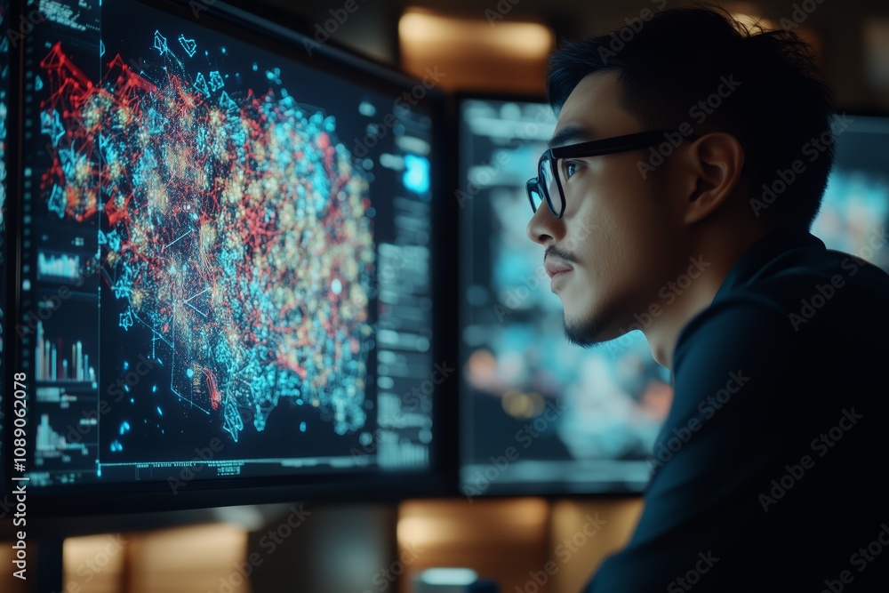 Business professional examines and interprets intricate data on a digital interface, leveraging AI for data processing Business professional examines and interprets intricate data on a digital interface, leveraging AI for data processing