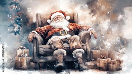 Cozy Santa Claus Nap: A Serene Vintage Holiday Scene Perfect for a Festive Poster or Holiday Home Decor!