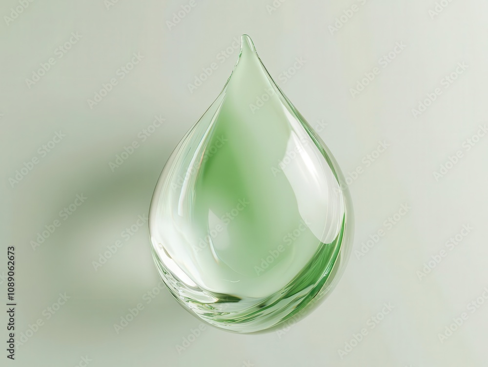 realistic 3d rendering of a translucent water drop in shades of white and green, suspended in mid-air, highlighting the fluidity and delicate motion of the liquid