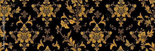 A sumptuous black damask pattern adorned with golden floral accents and intricate leaf details, perfect for high fashion photography, black damask, gold accents