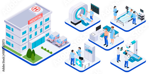 Isometric Hospital Scene with Medical Equipment and Staff