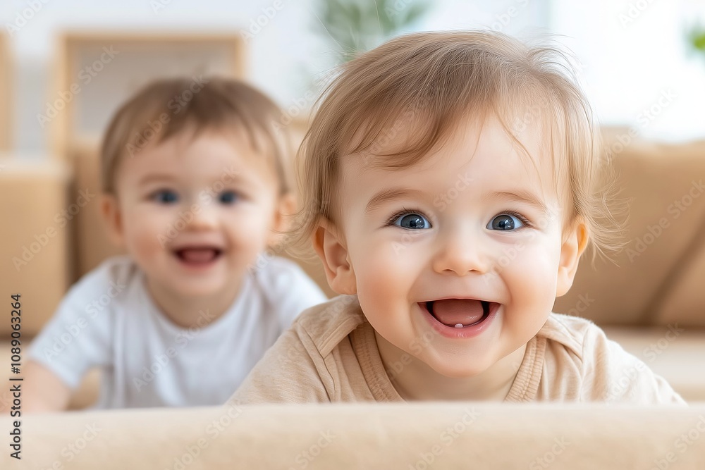 Headshot of two happy babies crawling and smiling at home Headshot of two happy babies crawling and smiling at home