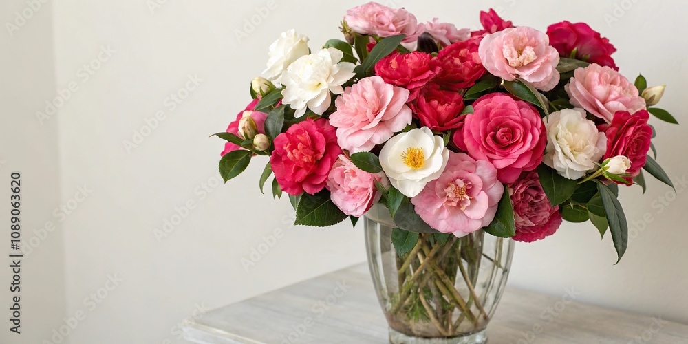 A vase filled with an assortment of vibrant camellia flowers in shades of pink red and white, botanical photography, decorative vases, spring blooms, floral arrangements, camellia flowers A vase filled with an assortment of vibrant camellia flowers in shades of pink red and white, botanical photography, decorative vases, spring blooms, floral arrangements, camellia flowers