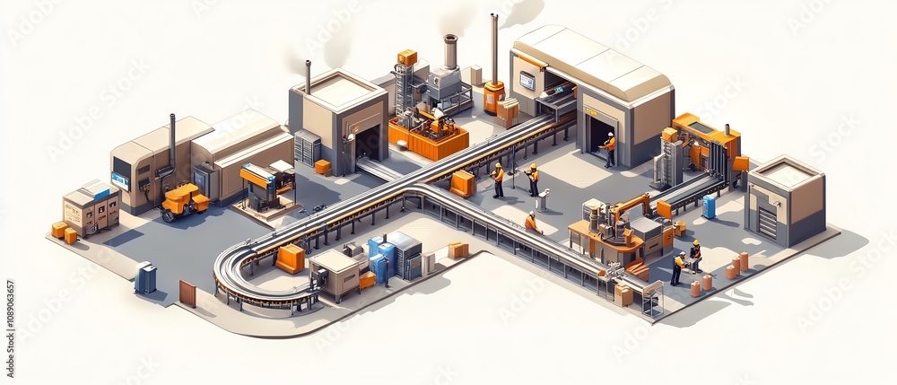 Isometric industrial factory vector, robotic conveyor line, plant workers interacting, electronic manufacturing process, hightech design Isometric industrial factory vector, robotic conveyor line, plant workers interacting, electronic manufacturing process, hightech design