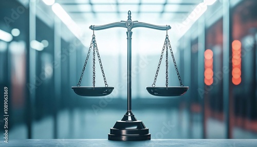 A close-up of a balanced scale symbolizing justice and fairness in a modern legal environment. photo