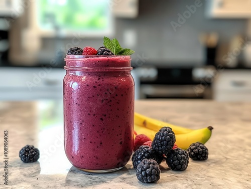 refreshing diabetic-friendly berry smoothie served in a mason jar, adorned with fresh fruit, set against a bright kitchen backdrop. the colors burst with freshness, promoting a healthy lifestyle photo