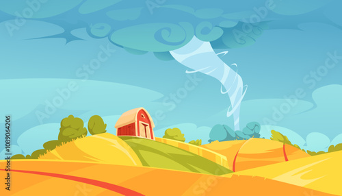 Cartoon Landscape with Barn and Tornado