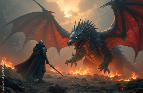 Epic fantasy scene featuring a knight facing a fiery dragon in a dramatic landscape photo