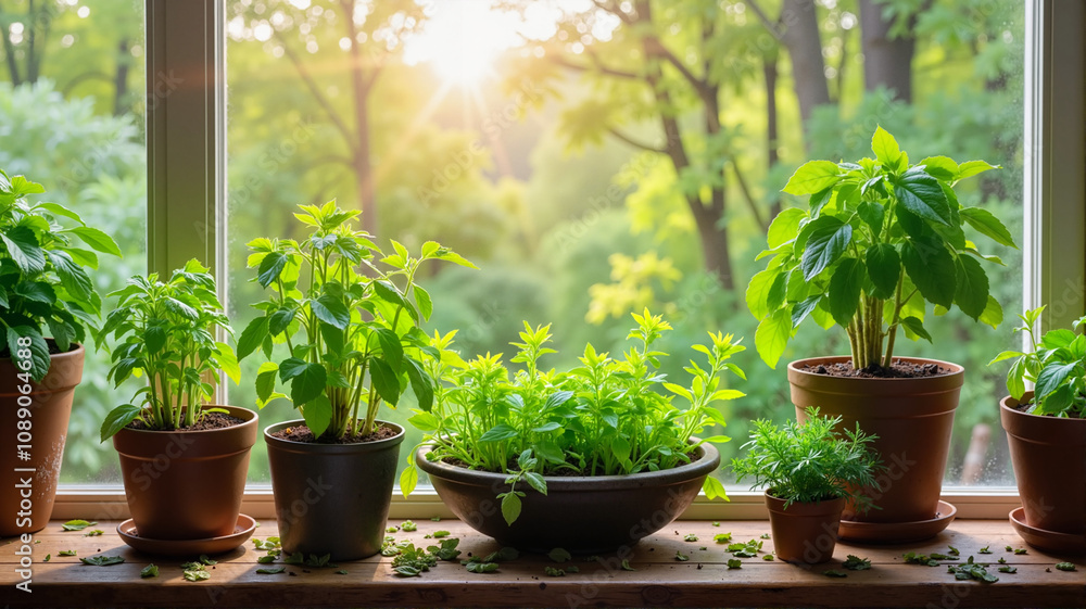 Herb garden on sunny windowsill Herb garden on sunny windowsill