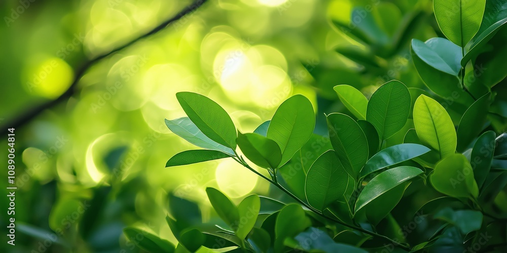 A detailed view of fresh green leaves with a bright bokeh background. A detailed view of fresh green leaves with a bright bokeh background.