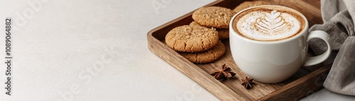 A cozy setting featuring a cup of latte art coffee and assorted cookies on a wooden tray, perfect for relaxation.