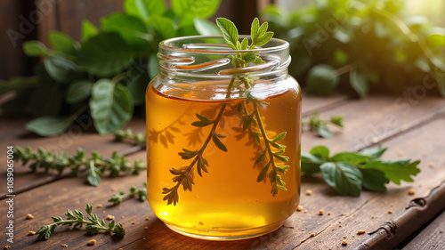 Honey jar with rosemary on rustic table