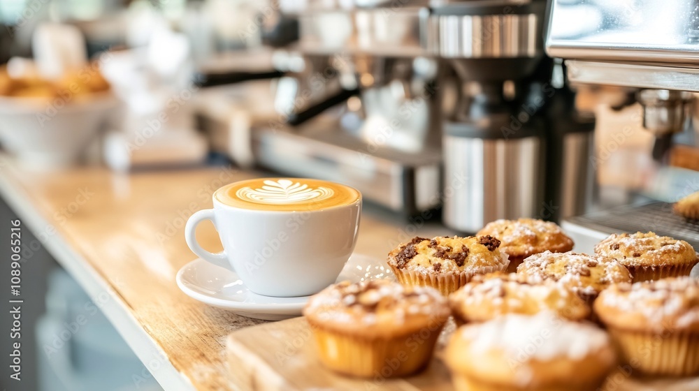 Barista Crafting Latte Art with Muffins and Tarts on Wooden Counter Barista Crafting Latte Art with Muffins and Tarts on Wooden Counter