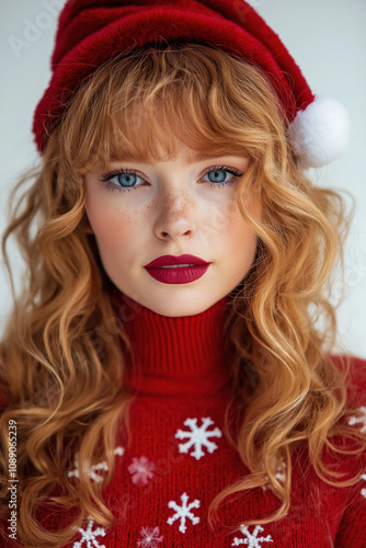 winter wonderland portrait of young woman with santa hat, adorned with snowflakes, featuring vibrant red lips and blue eyes, ideal for christmas cards and holiday marketing