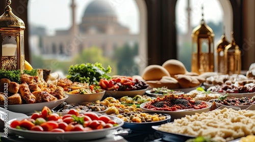 arabic food assortment, with closeup mosque background --no palm tree,,generative ai photo