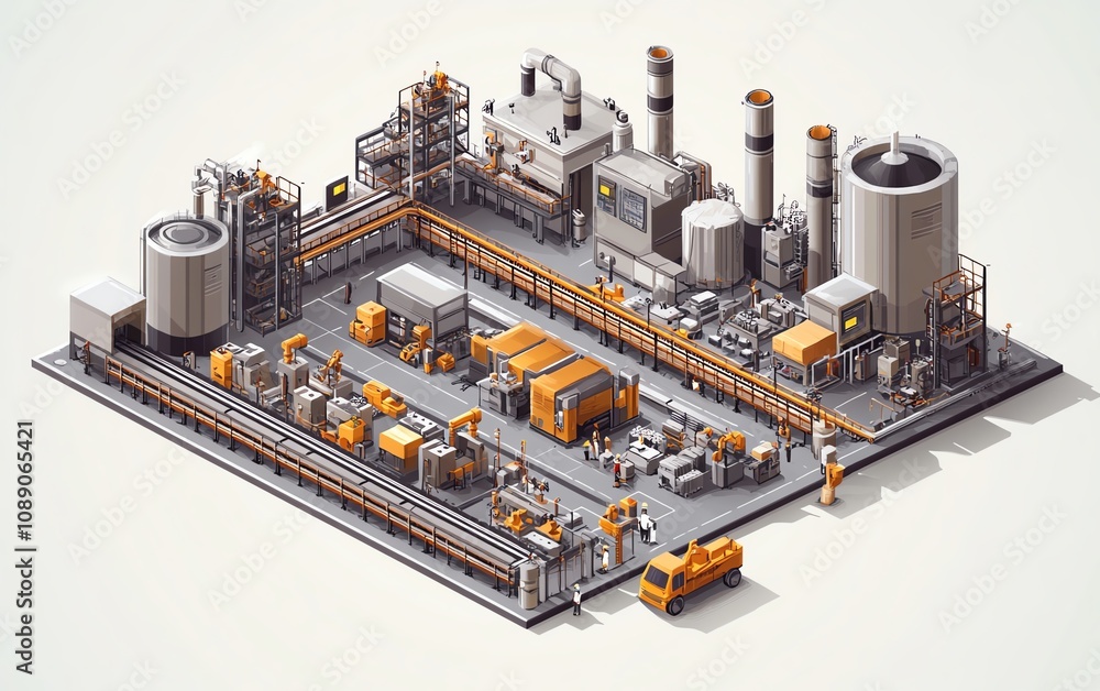 Vector art of a factory in isometric view, mechanized conveyor production line, robots and plant workers, electronic factory concept Vector art of a factory in isometric view, mechanized conveyor production line, robots and plant workers, electronic factory concept