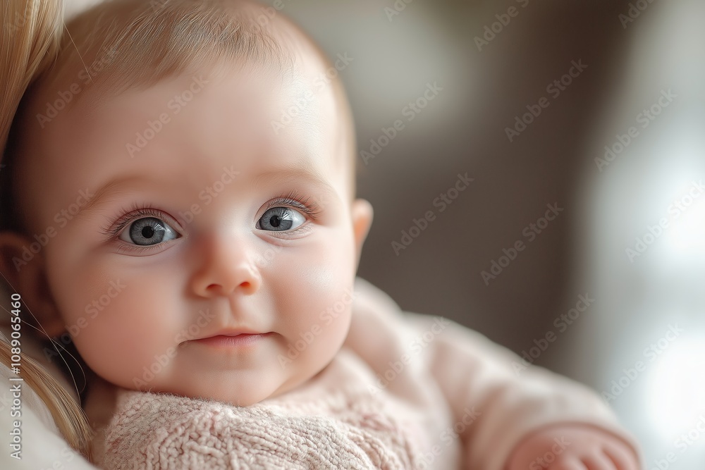 Adorable baby with big blue eyes, a soft smile, and atmosphere of innocence and warmth in the soft lighting. Adorable baby with big blue eyes, a soft smile, and atmosphere of innocence and warmth in the soft lighting.