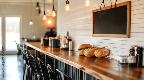 Cozy Bistro Interior with Chalkboard Menu and Freshly Baked Bread,Inviting Culinary Ambiance photo