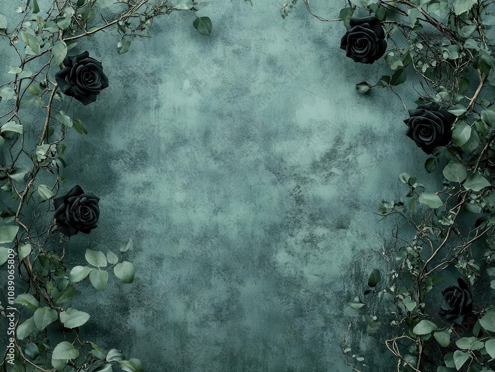 Fototapeta premium rich dark green concrete wall background framed by intricate black roses entwined with delicate twigs and lush greenery, creating a moody and poetic atmosphere with fantasy elements