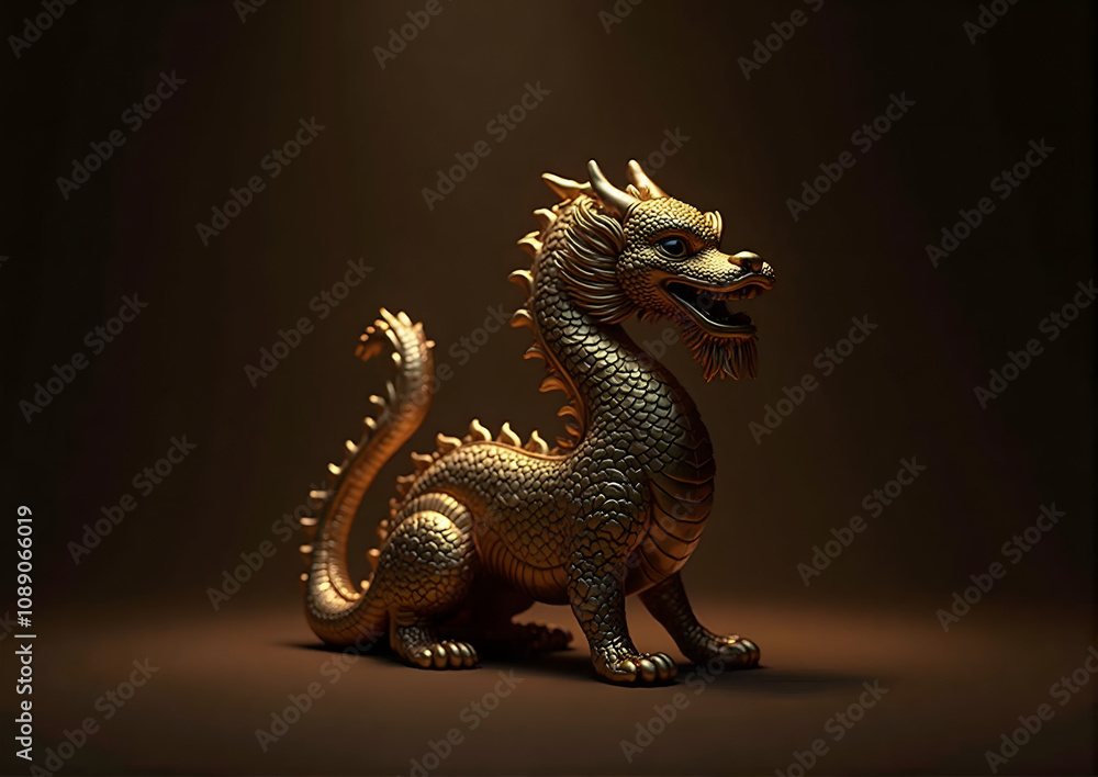 Fototapeta premium Golden dragon figurine on dark background representing Chinese culture