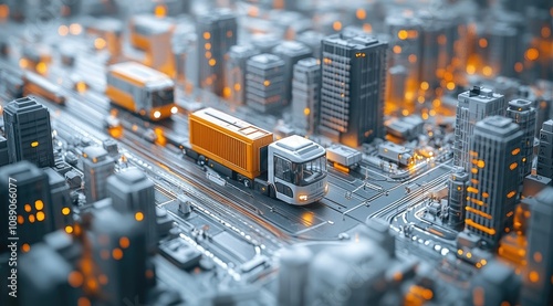 Futuristic city with trucks on highway.