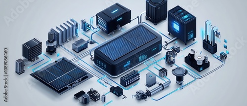 Detailed isometric diagram of solar energy plant, solar cell components, ongrid inverter system, sustainable energy flow vector illustration photo