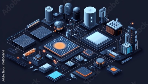 Detailed vector illustration of solar plant system, ongrid inverter diagram, solar cell components in isometric perspective, energy flow design photo