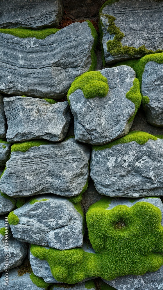 Moss thrives on a grey stone wall during a summer afternoon Moss thrives on a grey stone wall during a summer afternoon