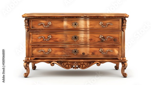 A vintage wooden dresser with ornate detailing and multiple drawers for storage.