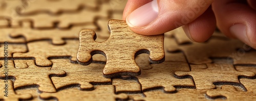 Hand placing the final wooden puzzle piece, representing decisionmaking and logical thinking, symbolic of completion and problemsolving concept photo